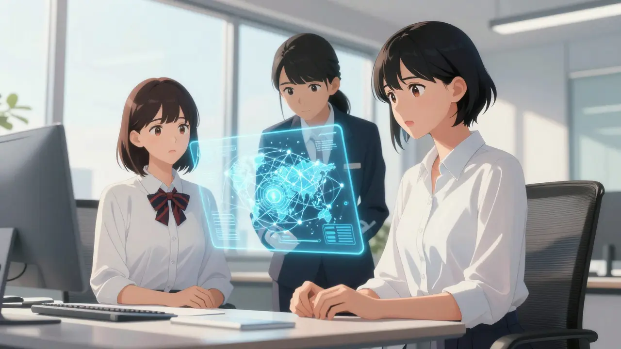 Professionals analyzing a holographic network in a bright shoujo manga office