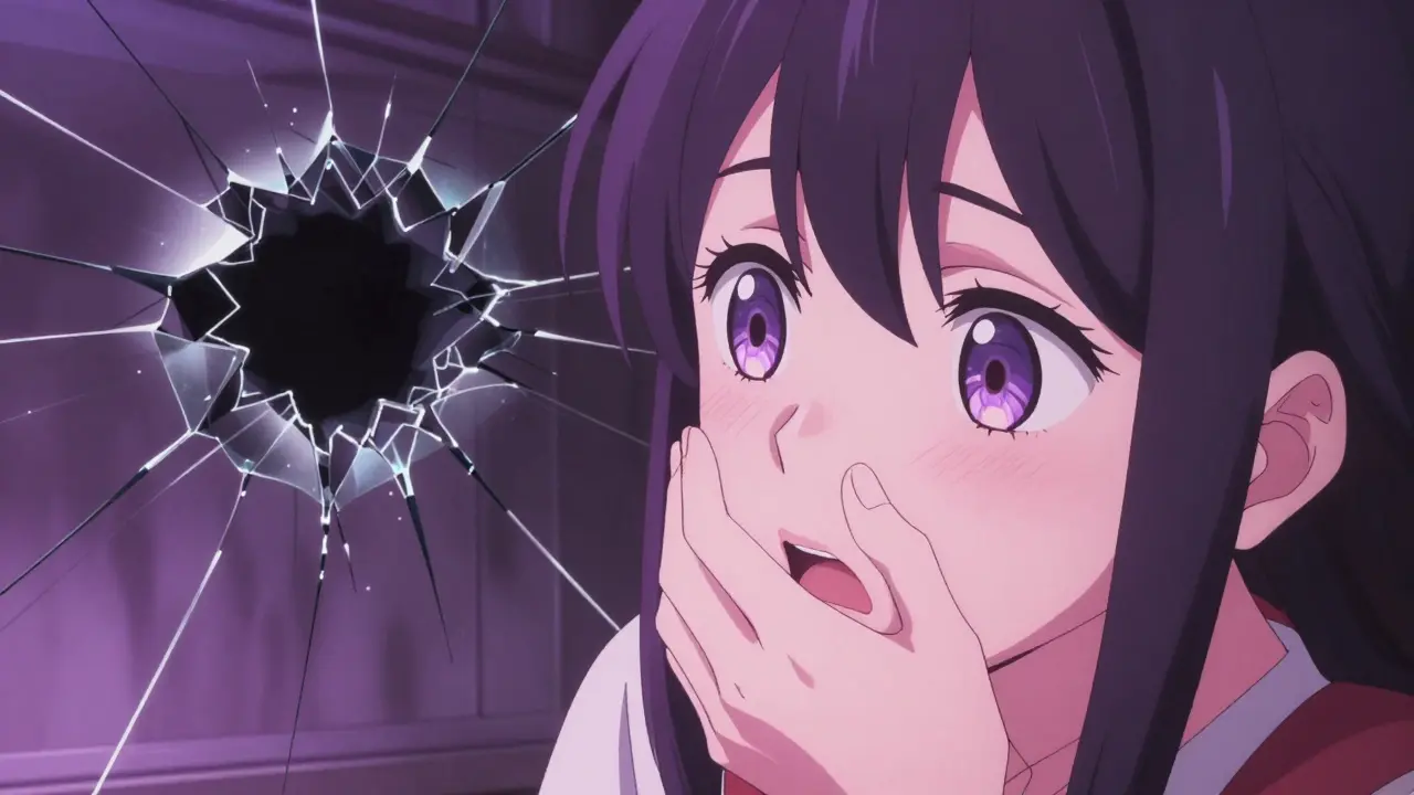 Shocked anime character reacting to a cracking digital screen in shoujo manga style.