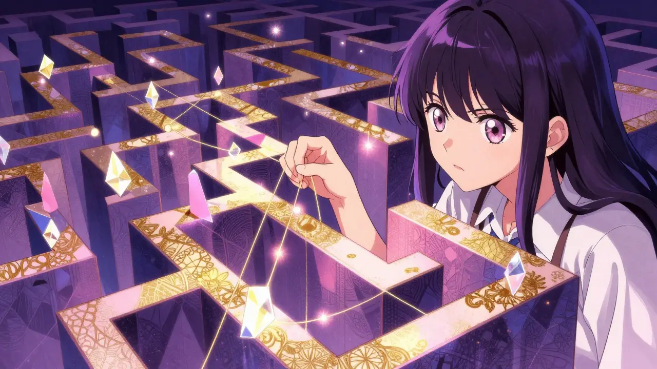 Shoujo manga illustration of an analyst tracing glowing digital threads through a geometric maze.