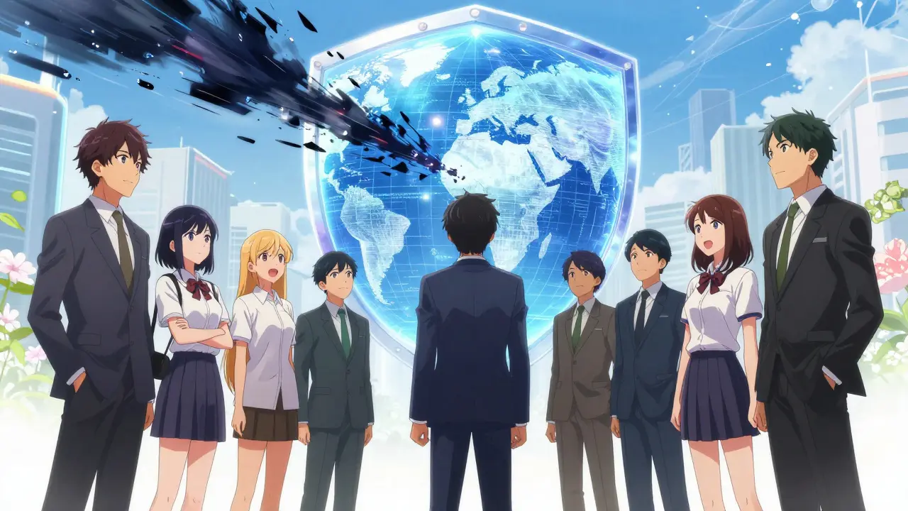 Shoujo manga scene of international regulators creating a digital shield against dark energy.