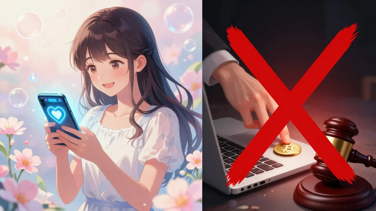 Shoujo manga split scene comparing legal crypto ownership versus illegal crypto payments.