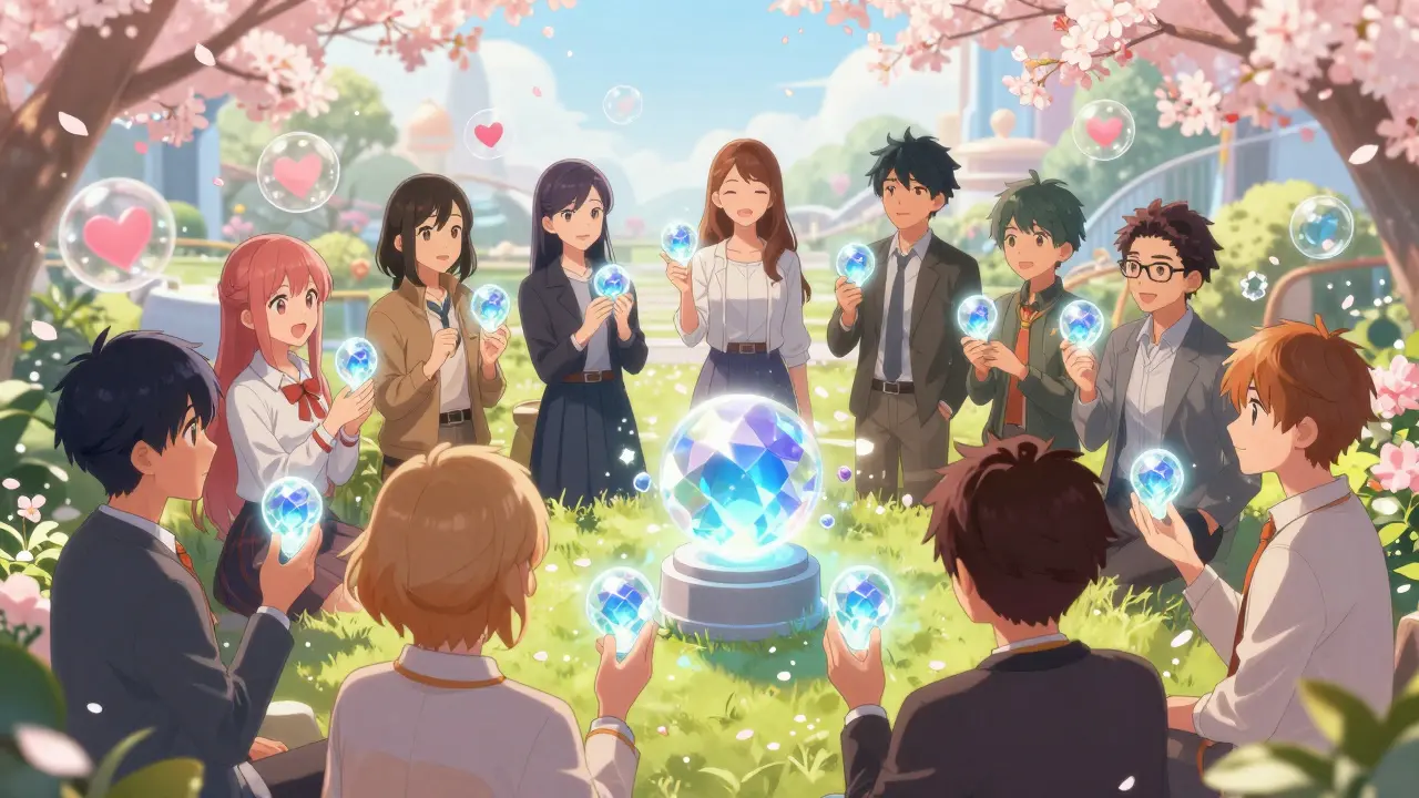 Stylized characters holding JUP tokens and voting in a sparkling futuristic garden