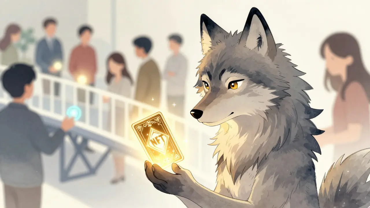 Stylized wolf mascot holding a glowing NFT card to symbolize fundraising for charity.