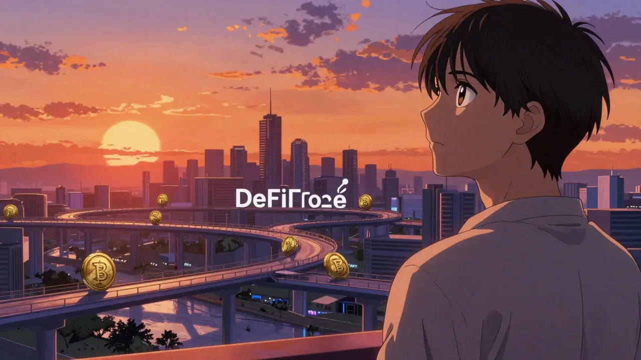 Thoughtful character looking at a futuristic DeFi city skyline during a colorful sunset