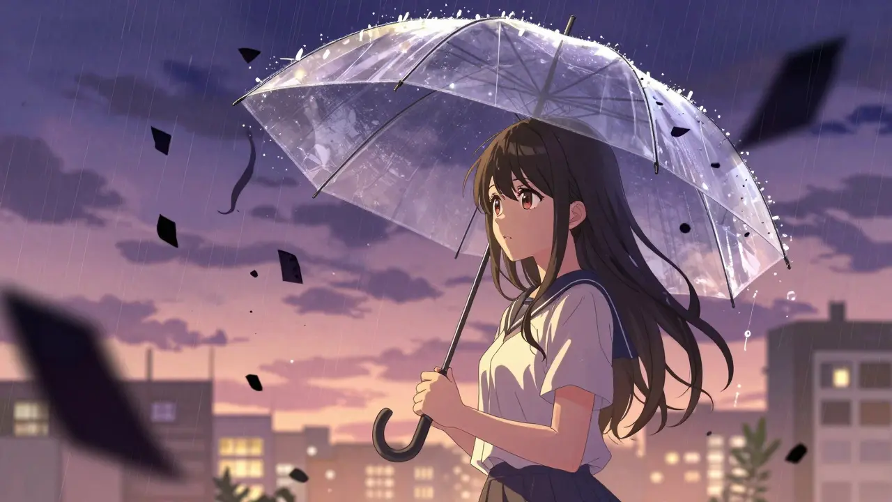 Woman protected by a crystal umbrella from digital glitches in shoujo manga style.