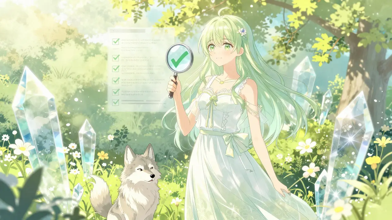 A serene anime girl checking transparent crypto data in a bright, safe garden.