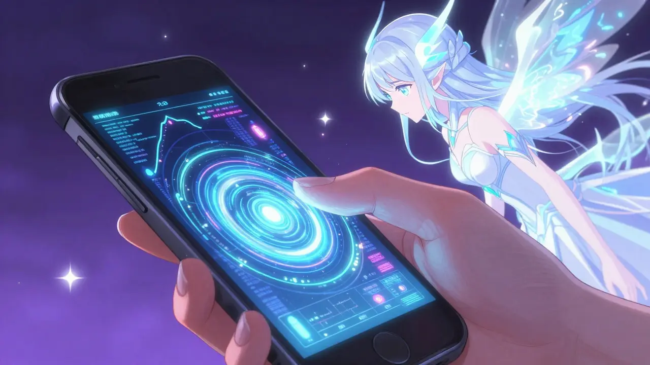 AI spirit analyzing data streams on a phone in shoujo manga style