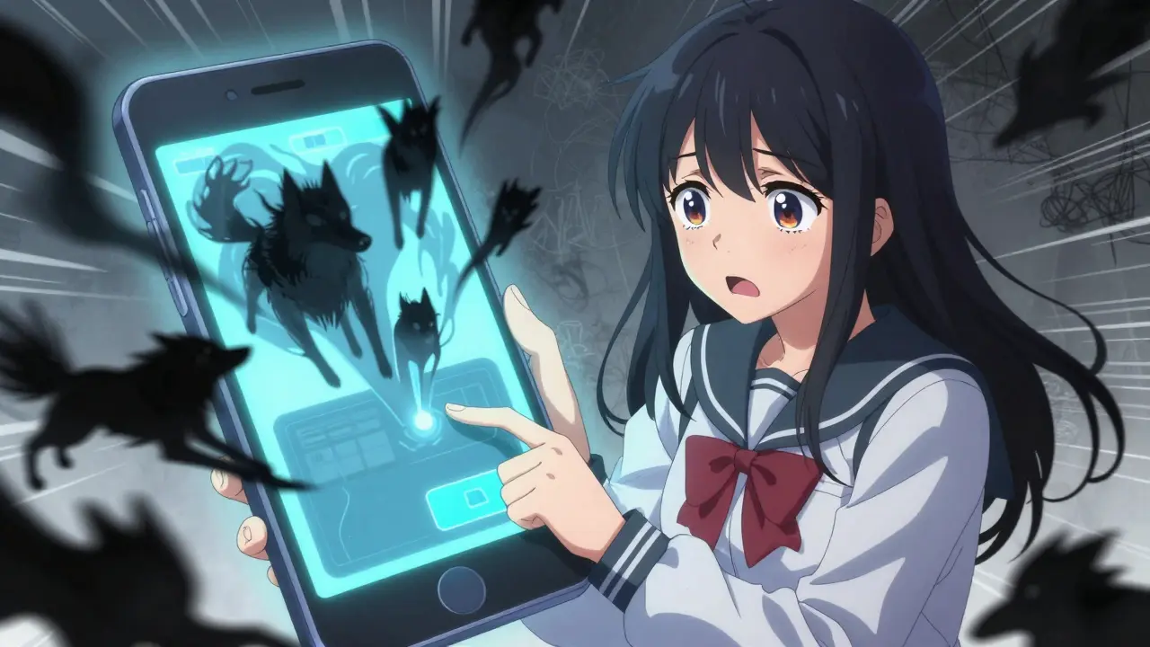An anime girl shocked as her phone drains her crypto wallet via wolf shadows.