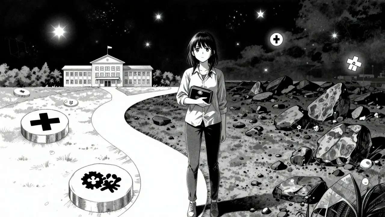 Anime character choosing between charity and risk on a starry path