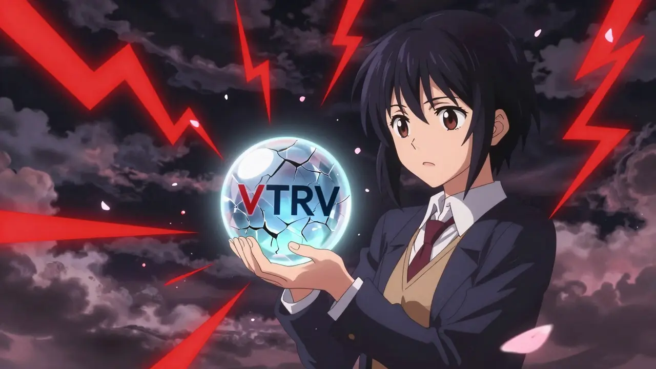 Anime character holding cracking crystal orb amidst storm
