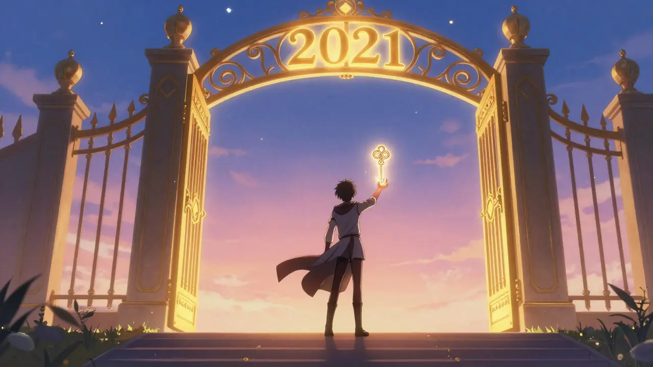Anime figure holding a glowing key near a closed golden gate.