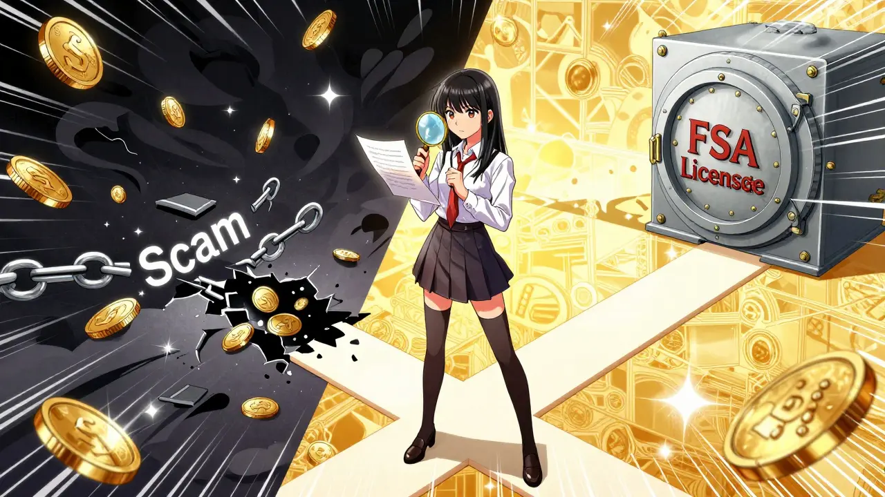 Anime girl choosing between scam void and secure regulated crypto path