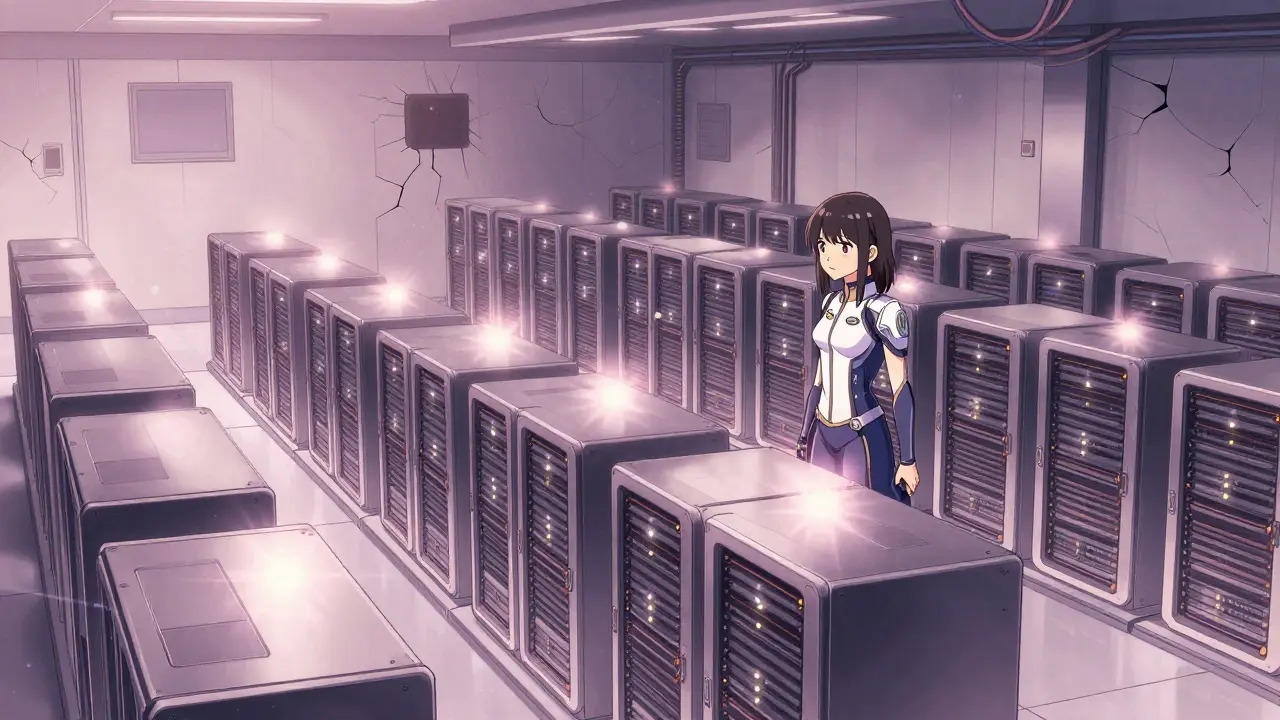 Anime girl in a mining facility with fragile servers and flickering lights