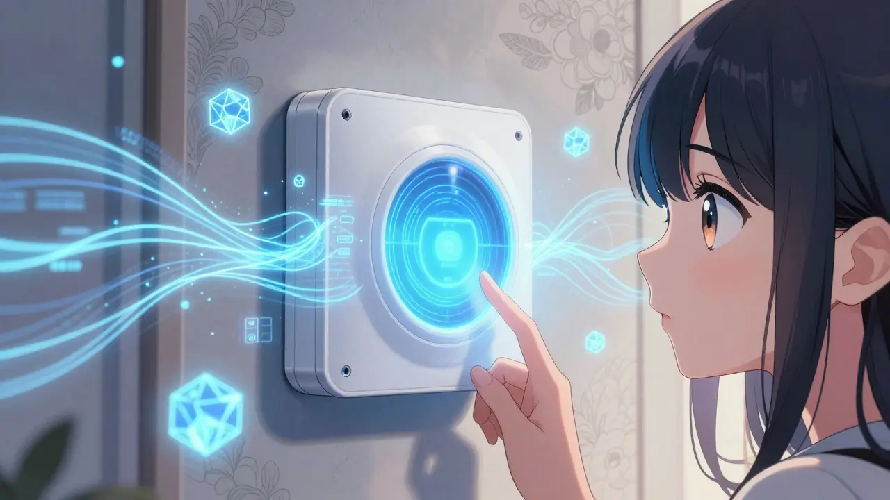 Anime girl looking at a glowing smart meter with flowing digital data ribbons