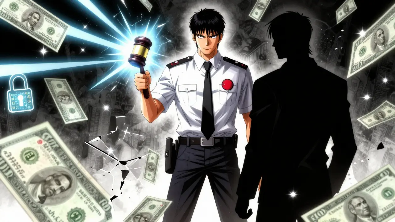 Authoritative figure enforcing crypto ban against shadowy trader, dramatic shoujo manga art