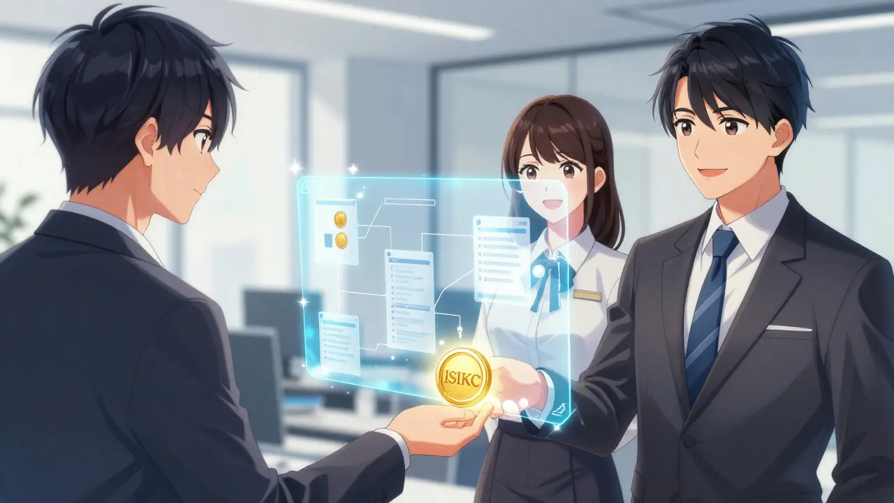 Business partners exchanging digital tokens in an anime office scene