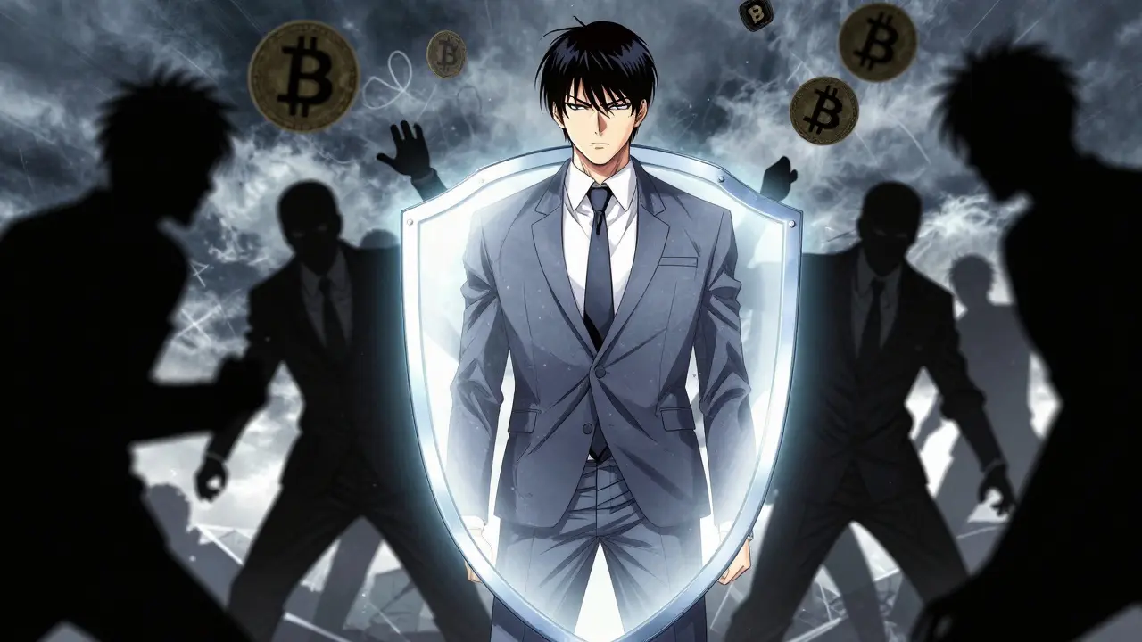 Central bank official blocking cryptocurrency symbols with a protective shield.
