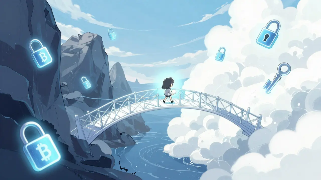 Character crossing a light bridge between two blockchain realms with floating locks
