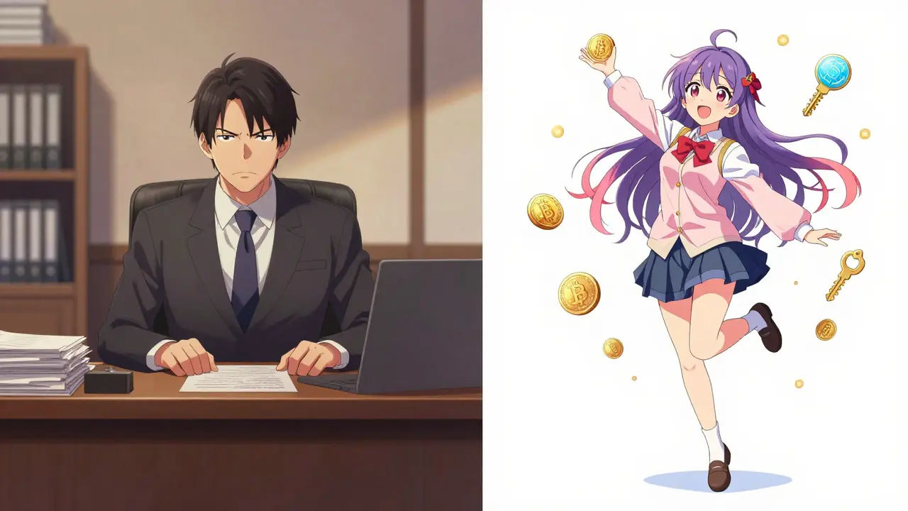Contrast between a strict bank manager and a free-floating crypto user in shoujo art.