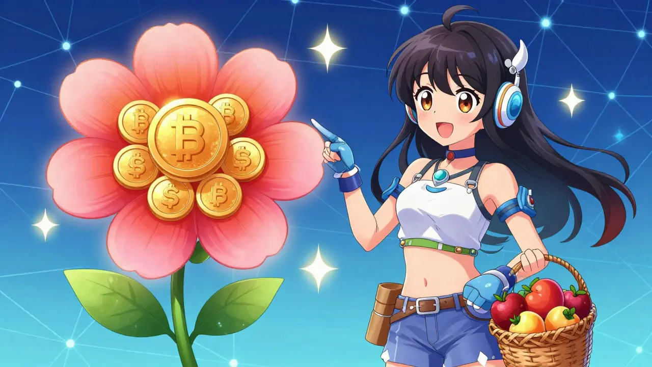 Cute anime character harvesting digital coins from a blooming financial flower