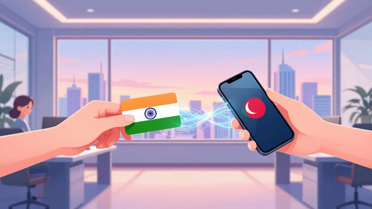 Digital bridge connecting Indian and Bangladeshi payment systems in a futuristic view.