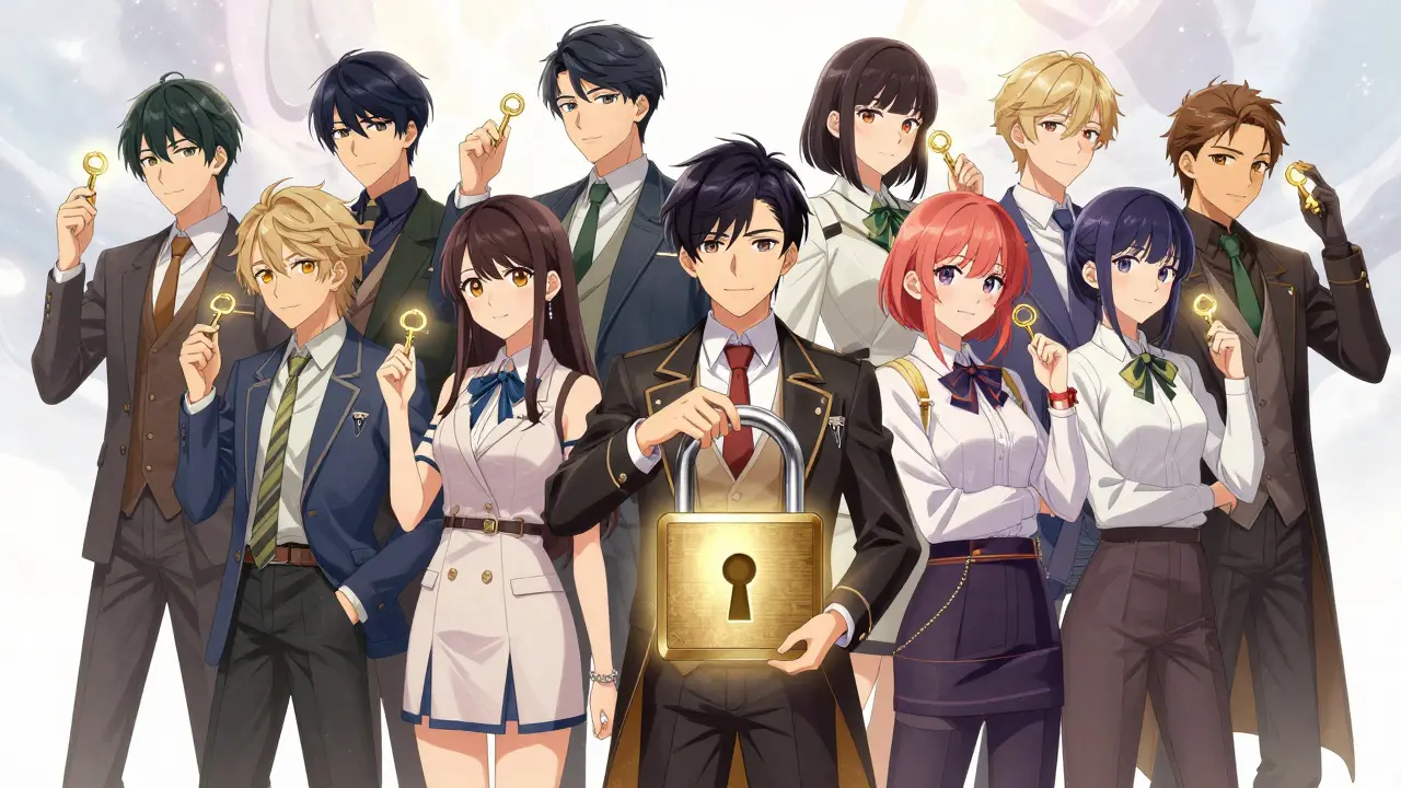 Diverse group holding key fragments around a central lock in a dreamy setting