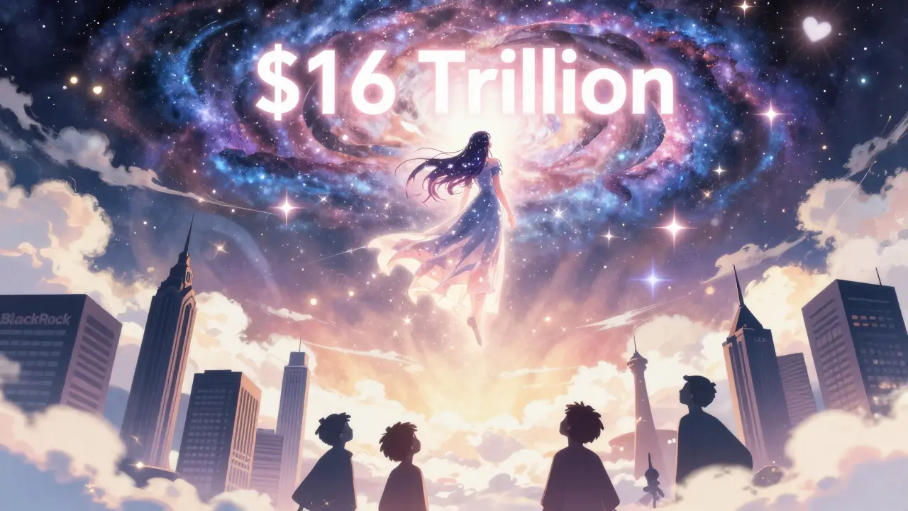 Ethereal anime character floating towards trillion-dollar future projections