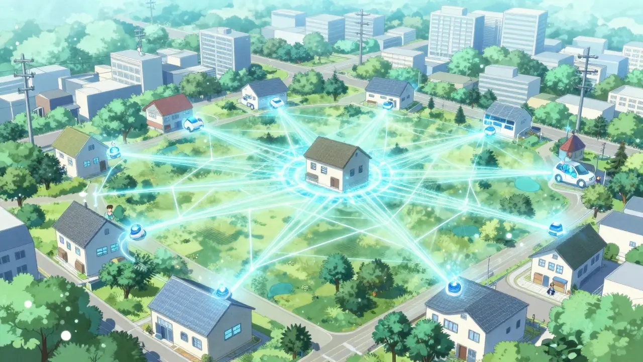 Futuristic anime cityscape with glowing threads connecting homes and EVs