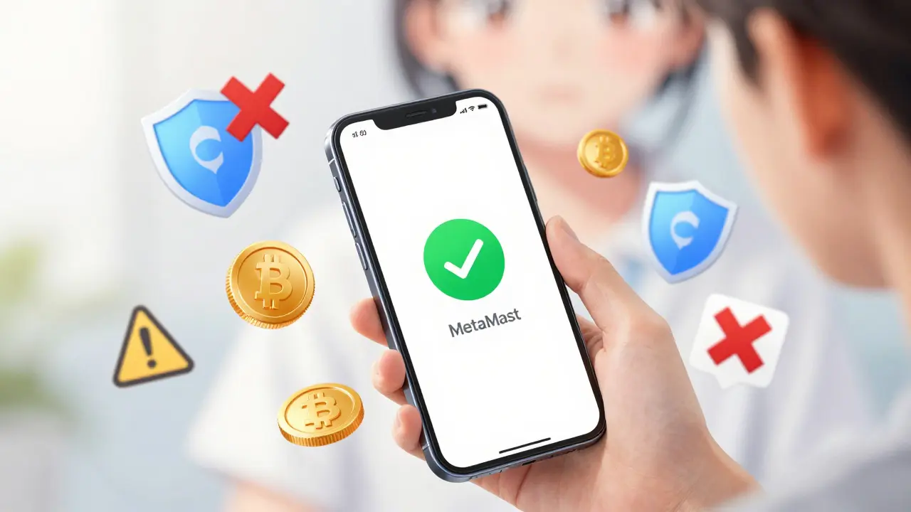 Hands securing crypto wallet with anti-scam shields