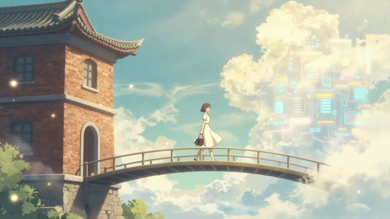 Magical bridge connecting traditional bank to digital crypto cloud