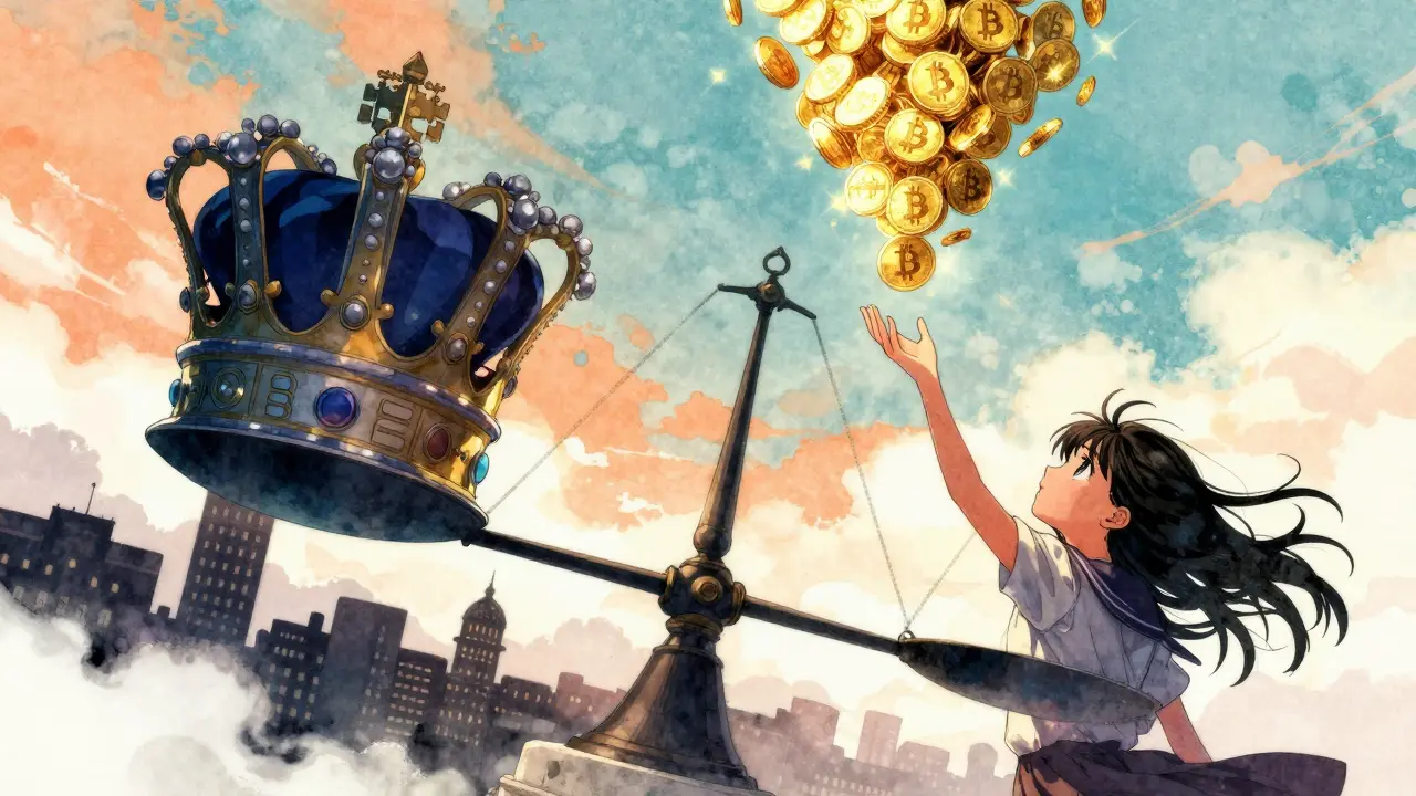Manga art of a balance scale weighing state control against golden crypto coins
