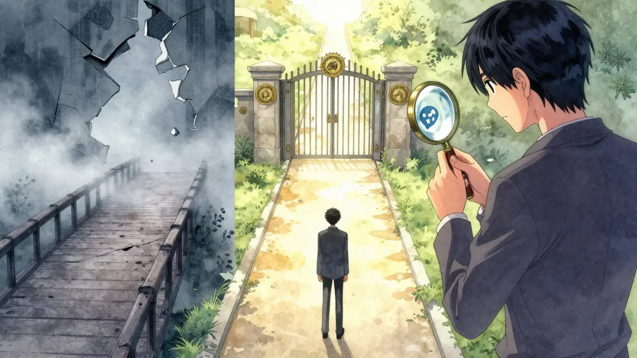 Manga character choosing safe crypto path over risky ones