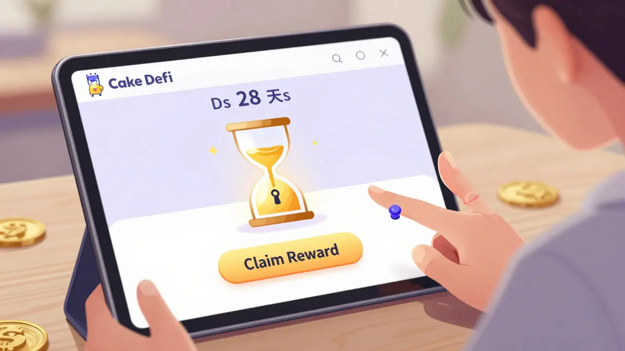 Manga character using a holographic interface to lock funds and claim DFI rewards.