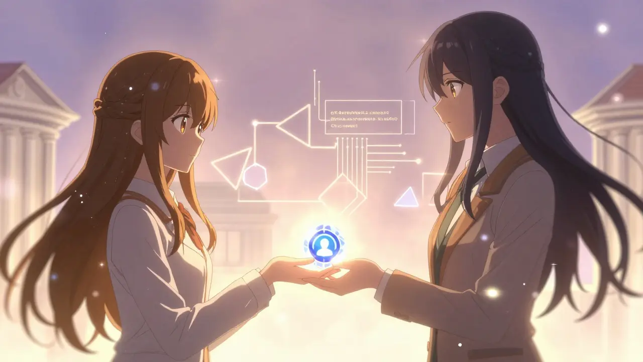 Manga characters exchanging secure digital smart contract token