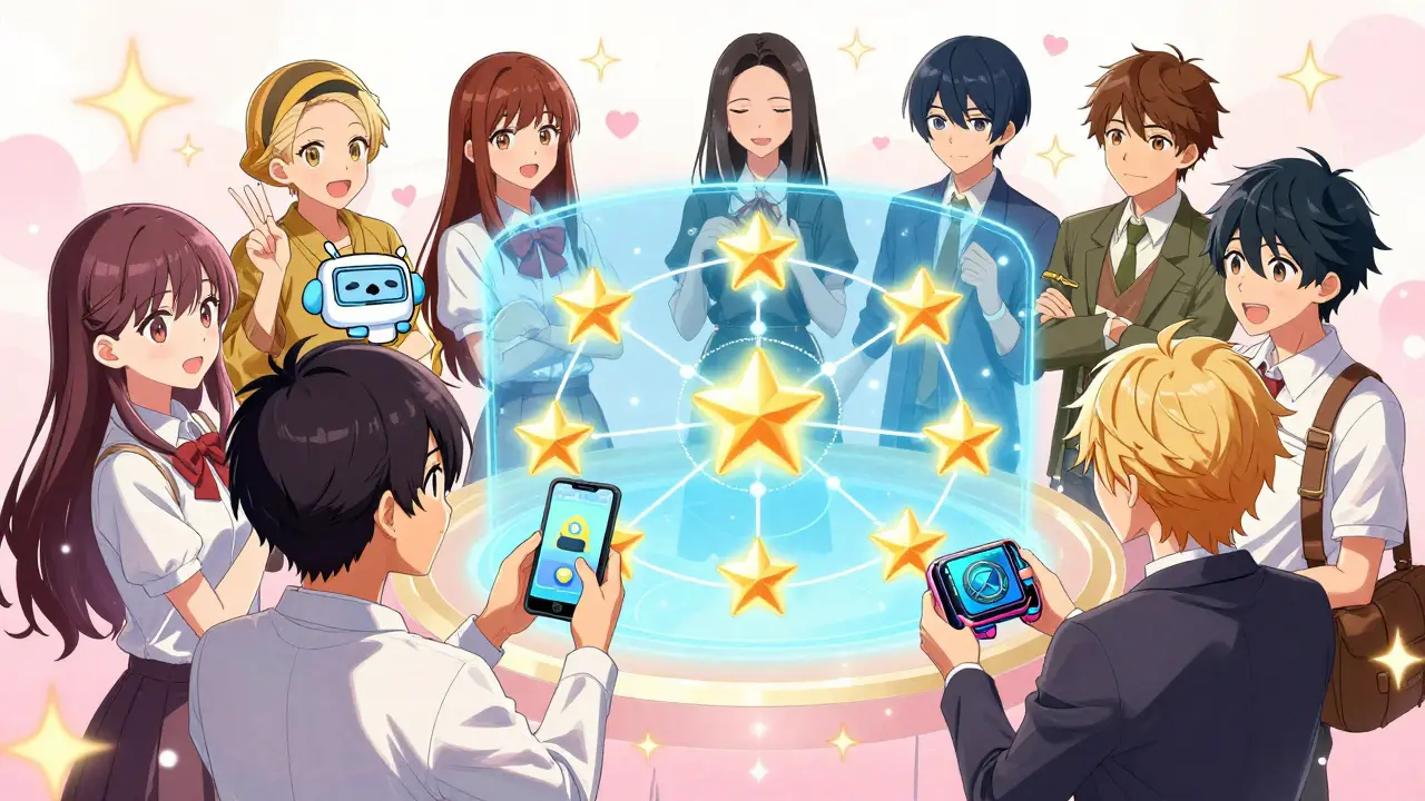 Manga characters interacting with a magical points system interface.