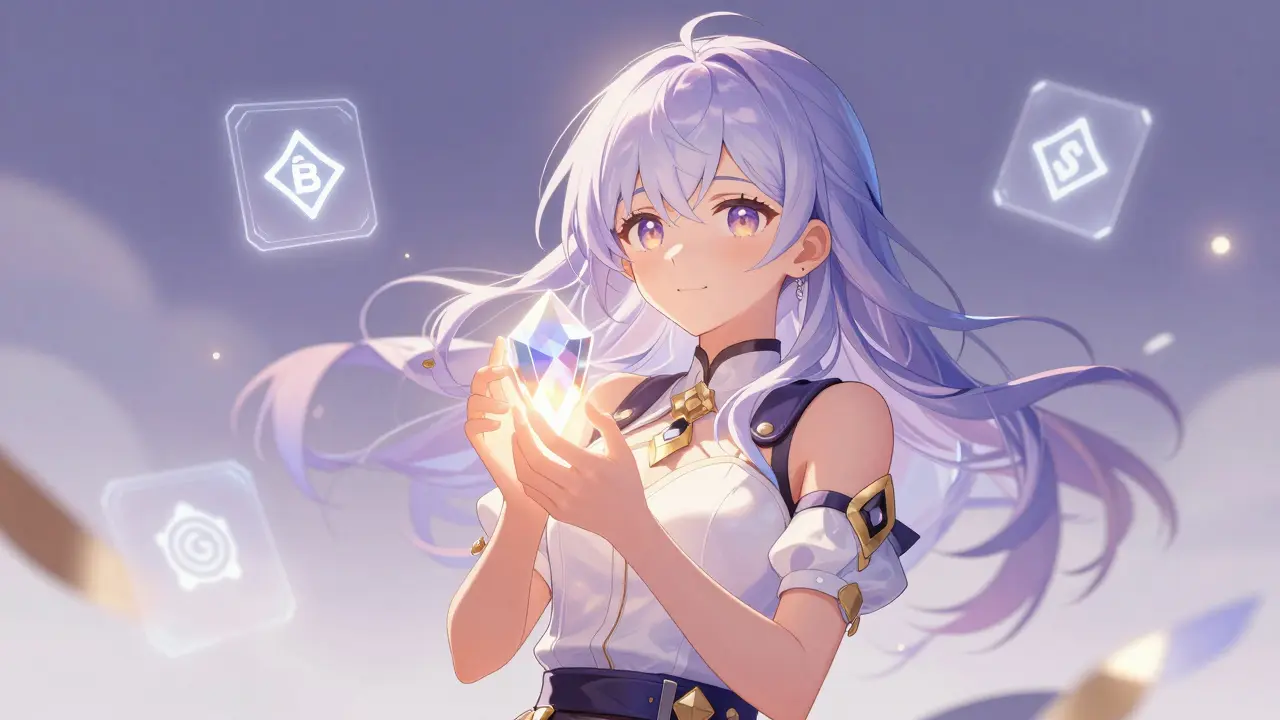 Manga girl holding a glowing crystal token amidst floating staking symbols