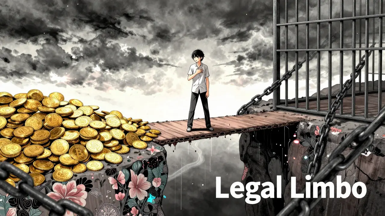 Person on precarious bridge between crypto wealth and legal consequences, shoujo manga style