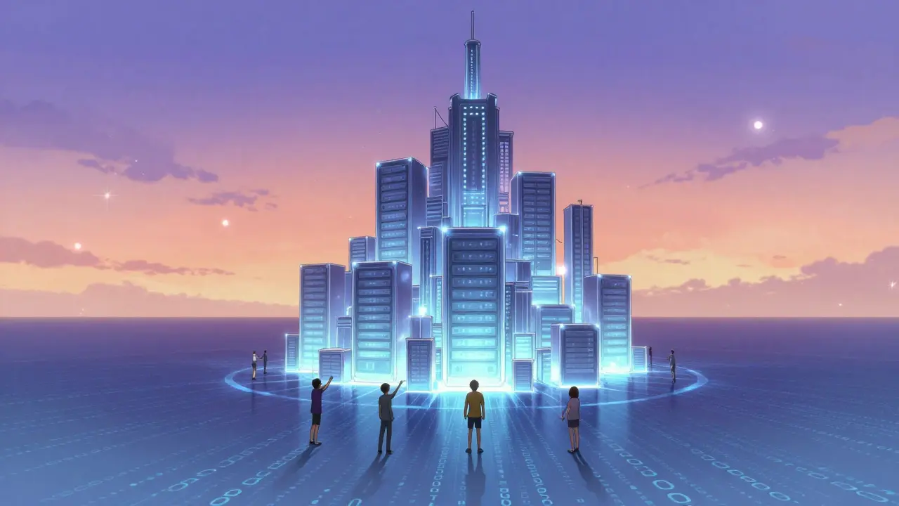 Shoujo art of a glass server tower rising from a sea of code at twilight