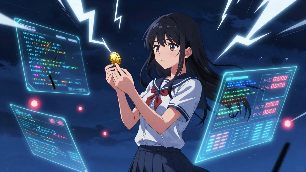 Shoujo character guarding a shrinking coin against dark storm clouds of liquidation risk.