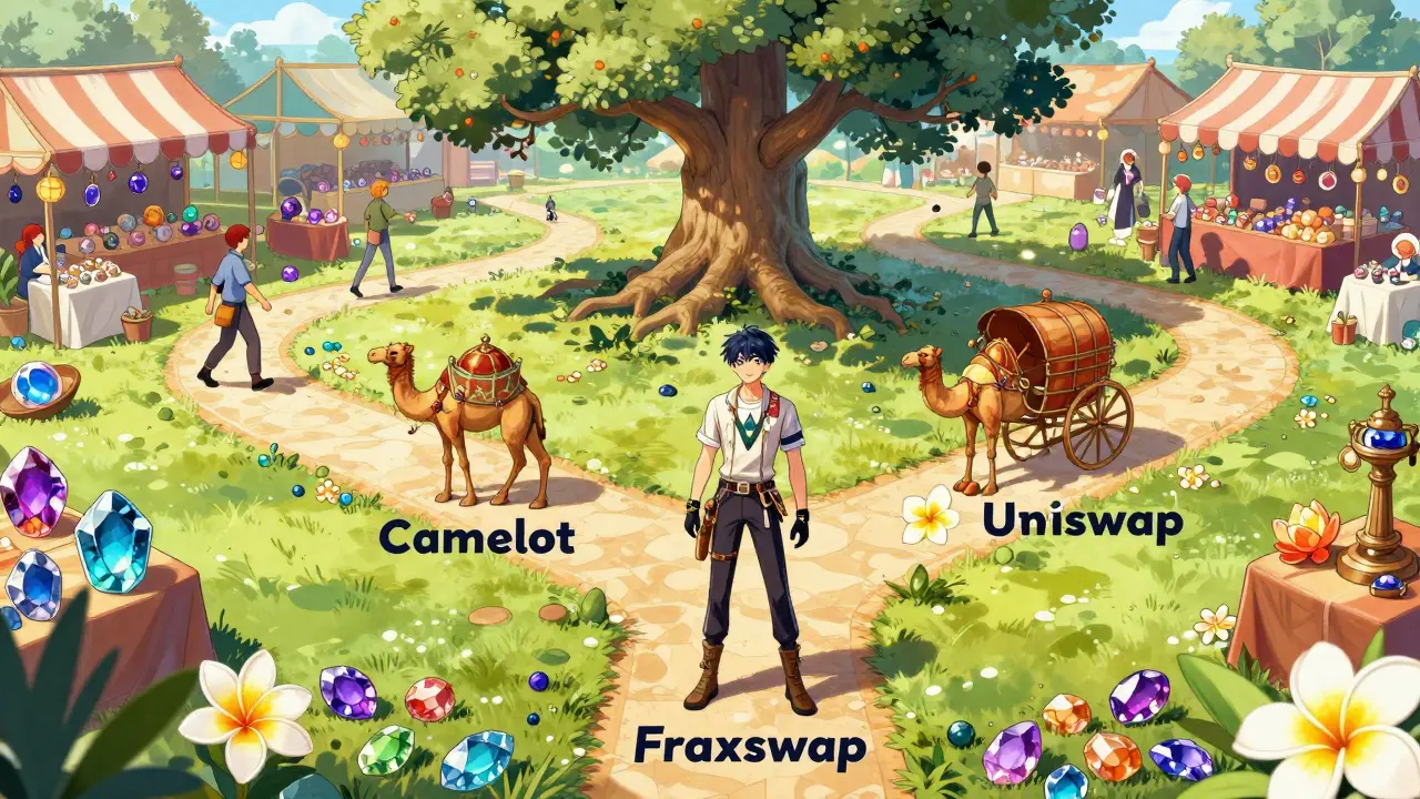 Shoujo manga character choosing Fraxswap among various DEX options