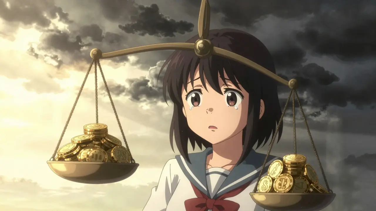Shoujo manga character looking worried at unbalanced scales representing risk