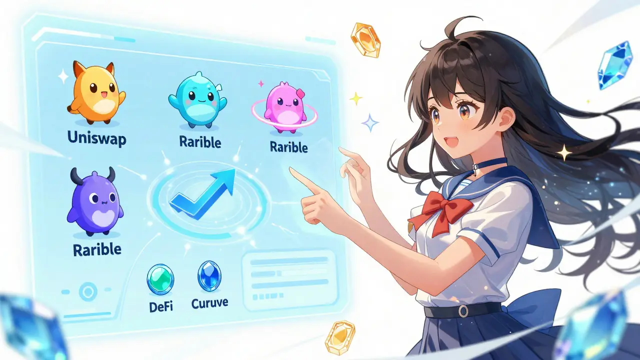 Shoujo style girl interacting with DeFi app mascots
