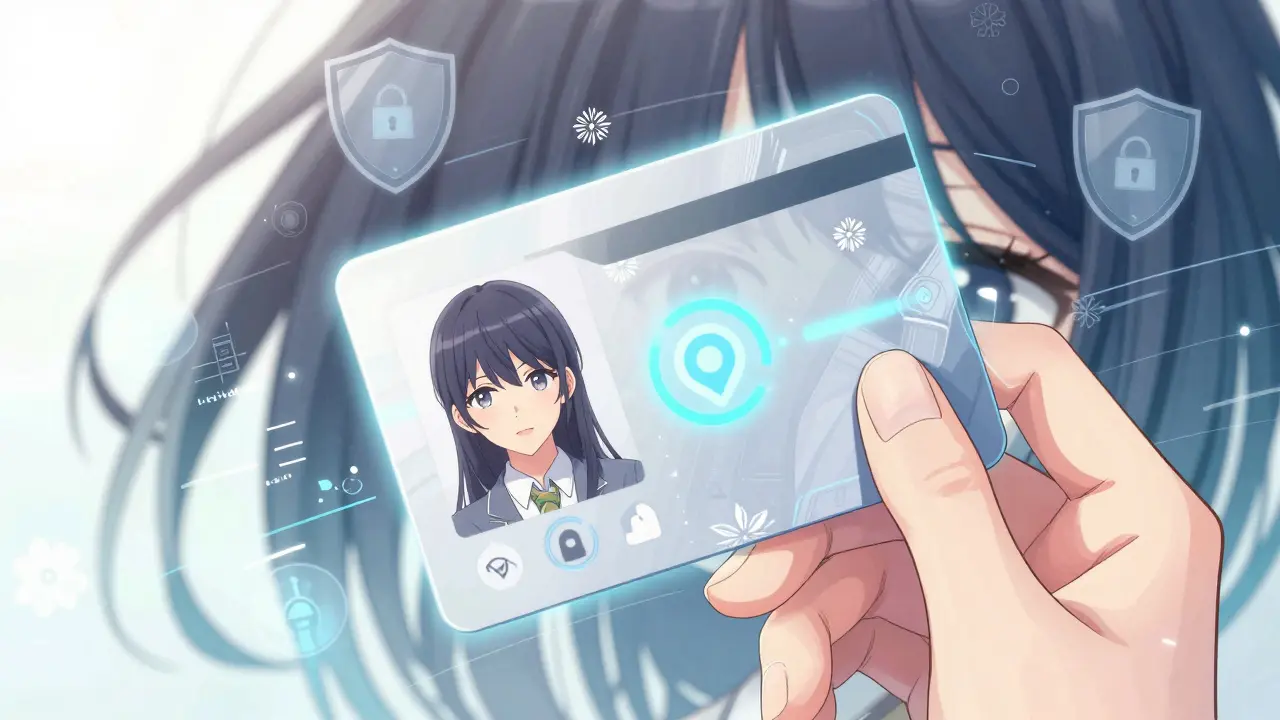 Shoujo style hand holding secure ID card with privacy symbols