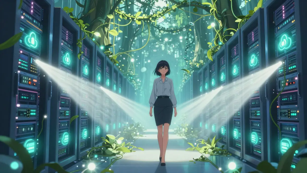 Stylish woman walking through glowing blockchain server garden