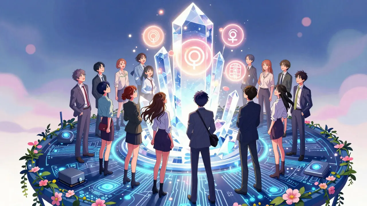 Stylized anime developers looking at a glowing crystal structure of blockchain tech.