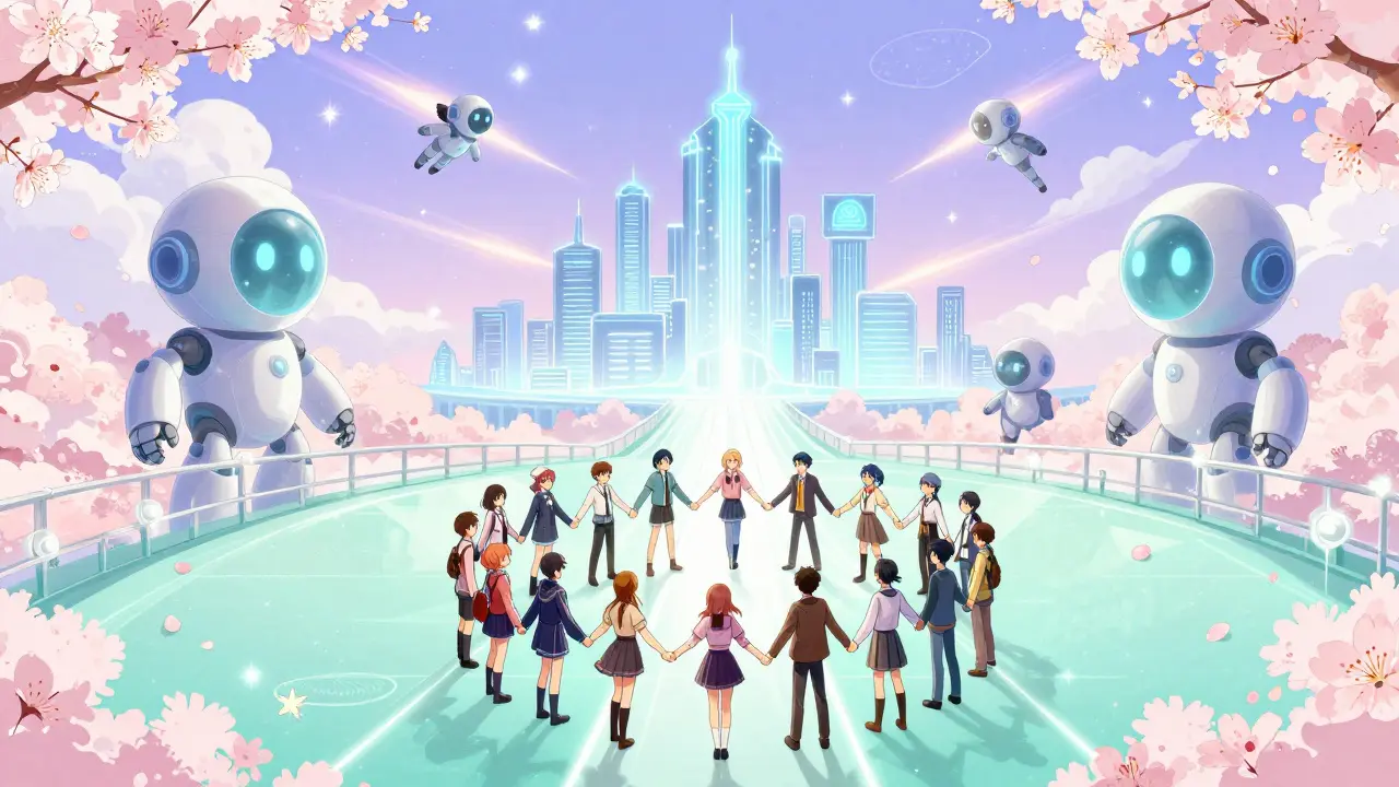 Whimsical manga scene of community staking and fast tech future