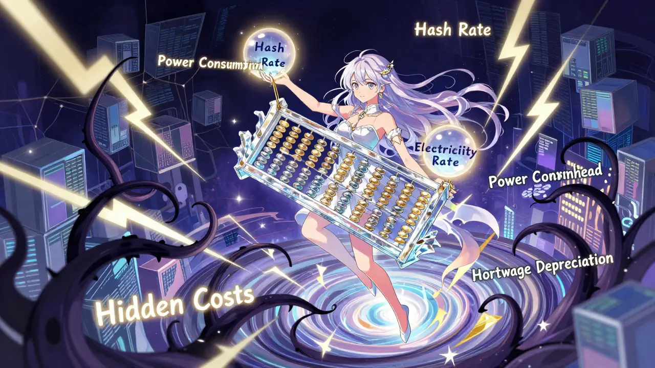 Anime girl balancing mining costs and rewards amidst swirling data and shadowy hidden fees.