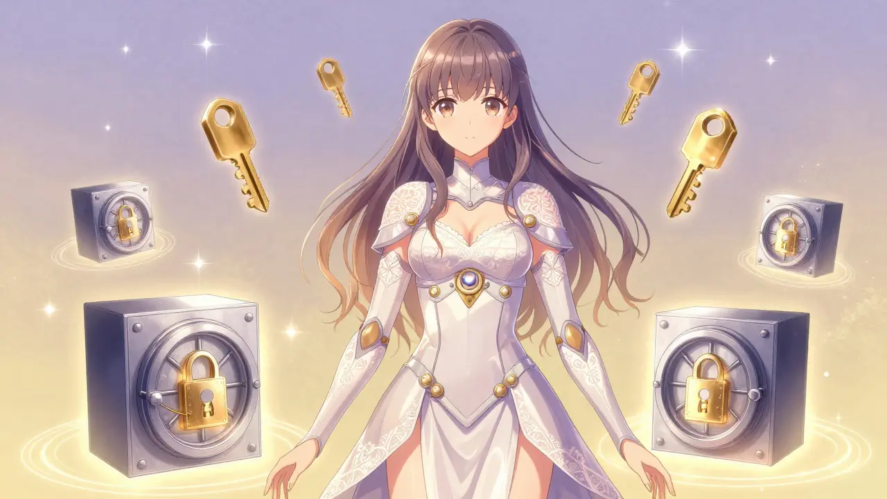 Anime guardian protecting digital assets with magical security shields