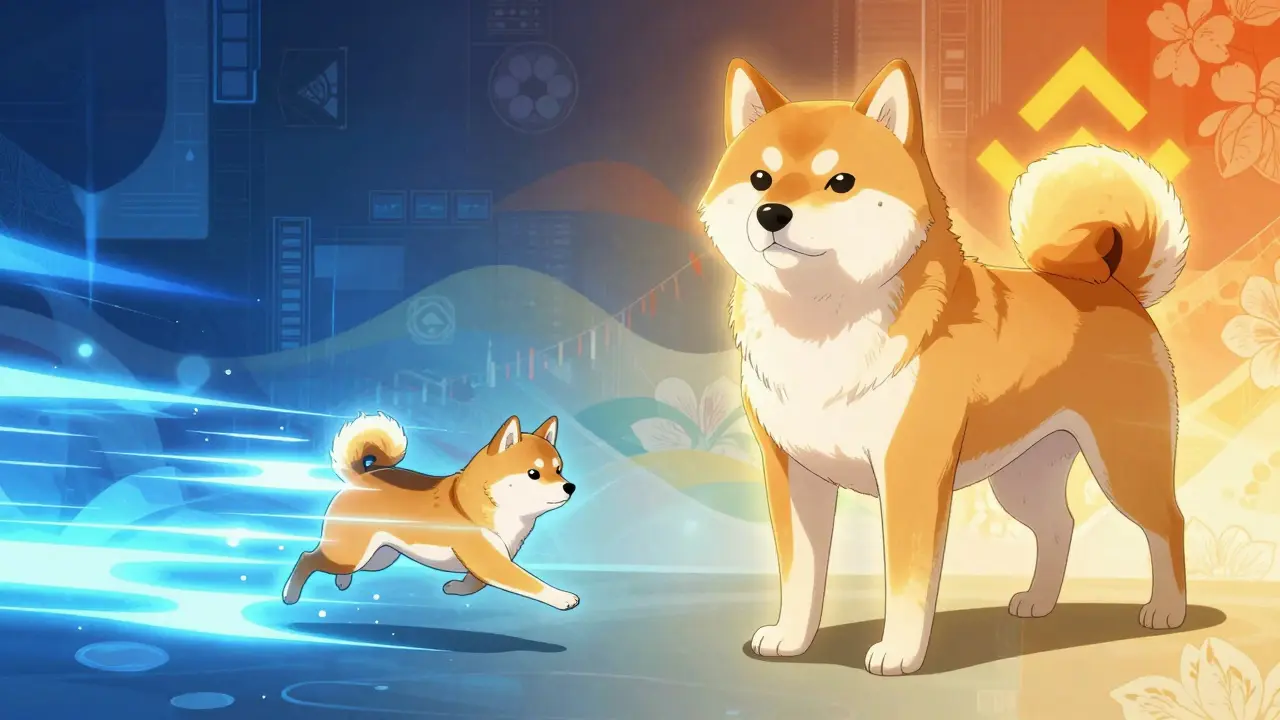 Anime style comparison of blue Solana and orange BSC energy fields with Shiba characters.