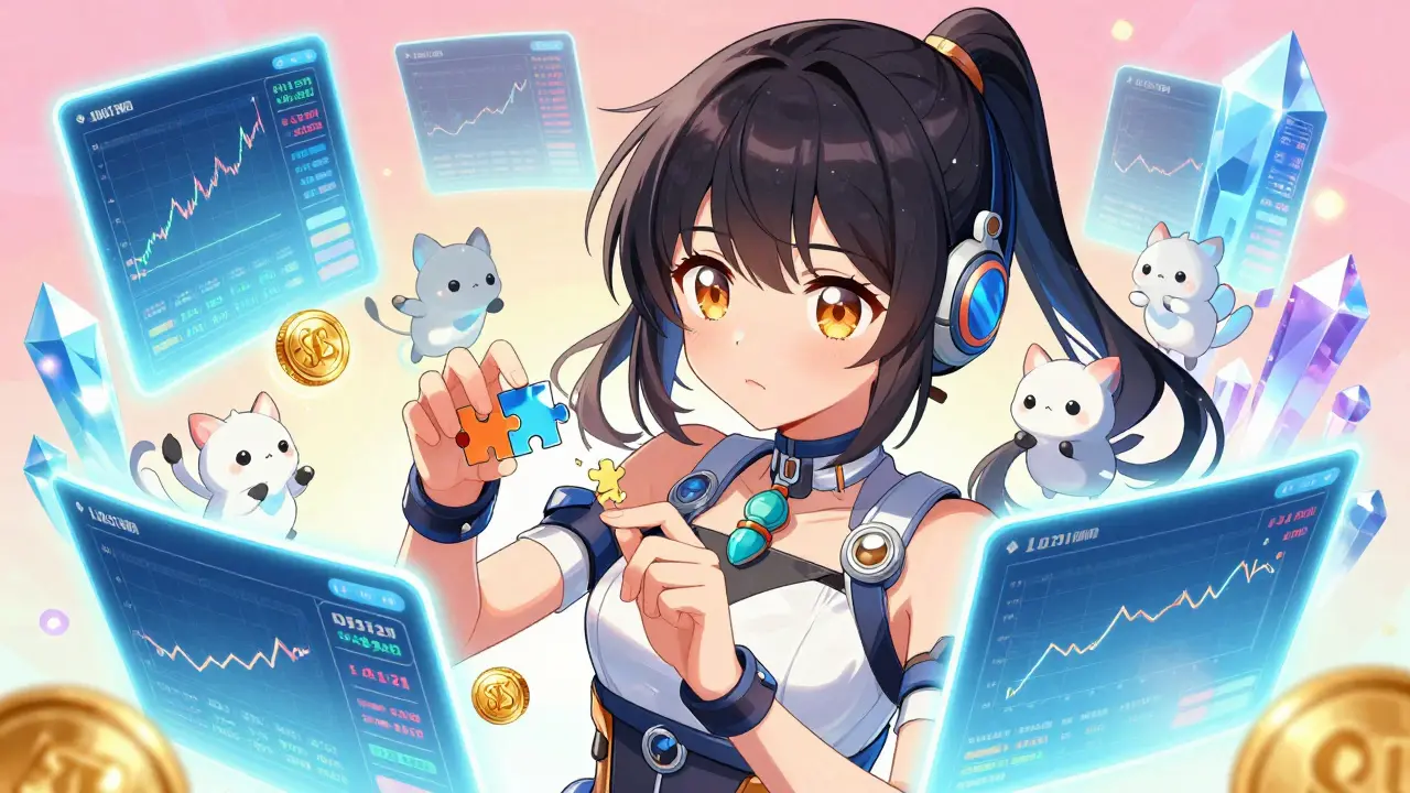 Anime trader interacting with cute oracle node spirits